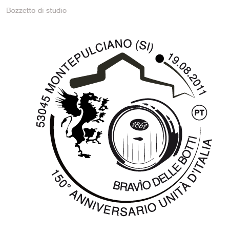 Timbro di annullo per le Poste Italiane in occasione del Bravìo delle Botti di Montepulciano - Celebrazione per i 150 anni dell'unità d'Italia